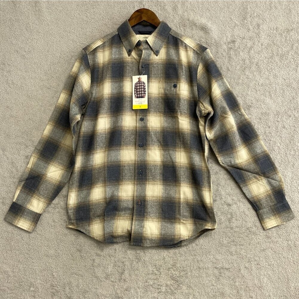 NEW Weatherproof Vintage Men's S Beige & Blue Plaid Button-Down Flannel Shirt
